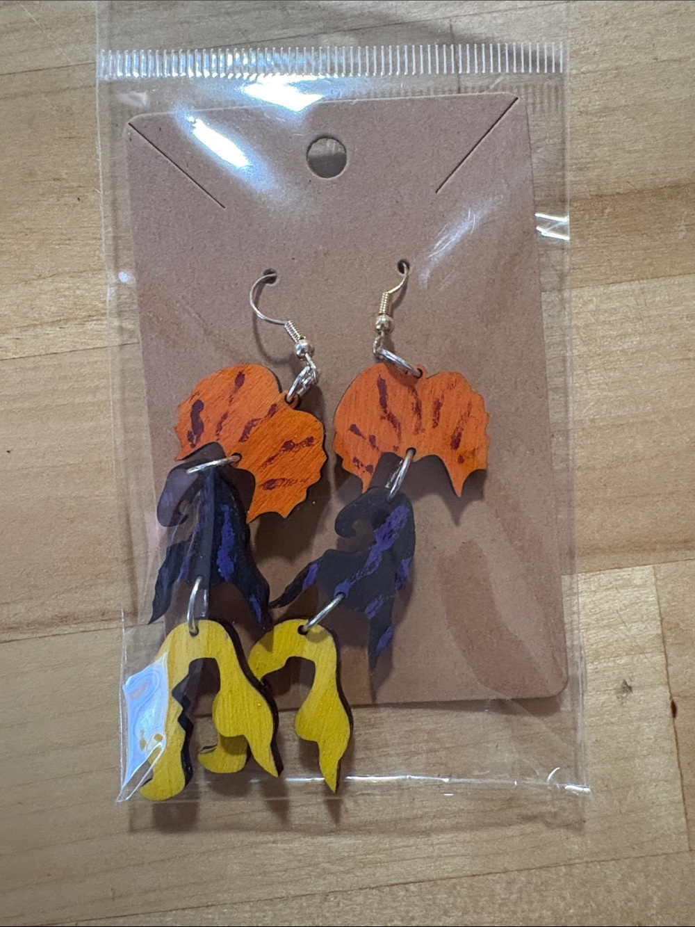 Colorful Layered Wooden Dangle Earrings - Orange, Purple, Yellow